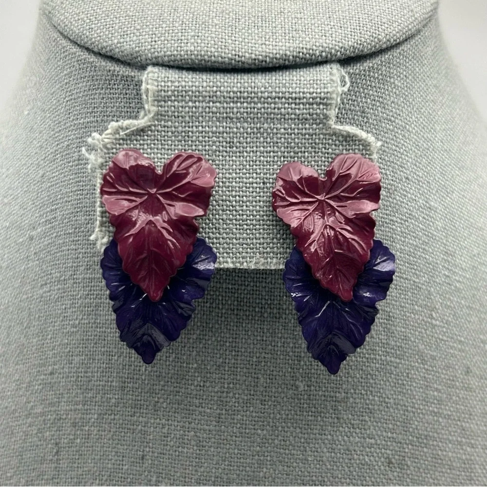 Vintage Lightweight Magenta and Purple Two Layered Textured Leaf Stud Earrings